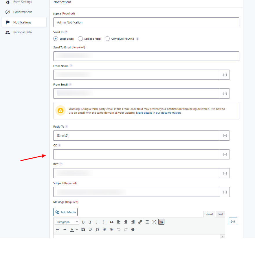 How to enable cc field in Gravity form email notifications -cc enabled Notification form